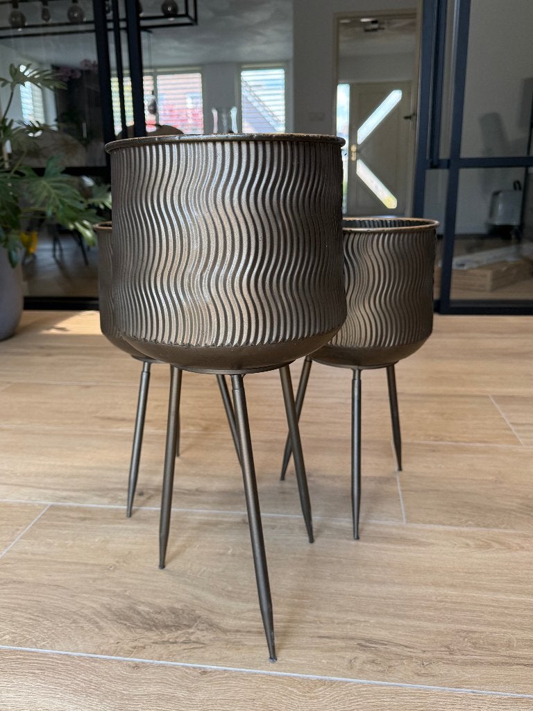 3 bloempotten op pootjes (brons/goud/zwart), Tuin en Terras, Bloempotten, Gebruikt, Rond, Balkon, Metaal