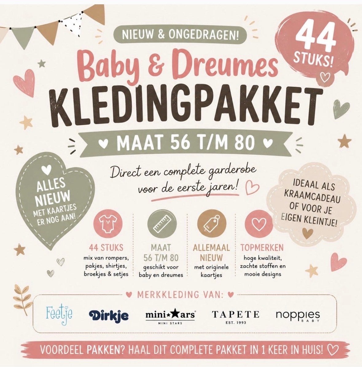 Nieuw Baby & Dreumes Kledingpakket - 44 stuks merkkleding, Ophalen of Verzenden, Nieuw, Overige maten