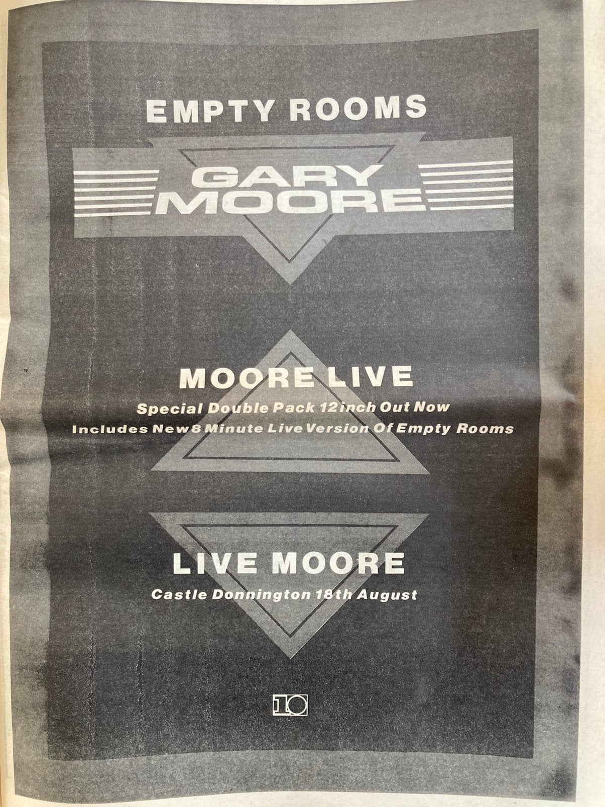 Paginagrote A3 advertentie GARY MOORE Empty Rooms Donnington, Cd's en Dvd's, Ophalen of Verzenden, Zo goed als nieuw