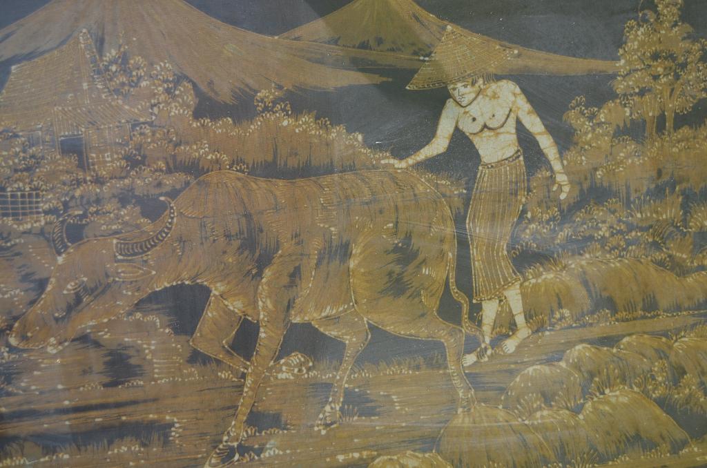 Grote Indonesische batik 'Boer met Buffel', Ophalen of Verzenden