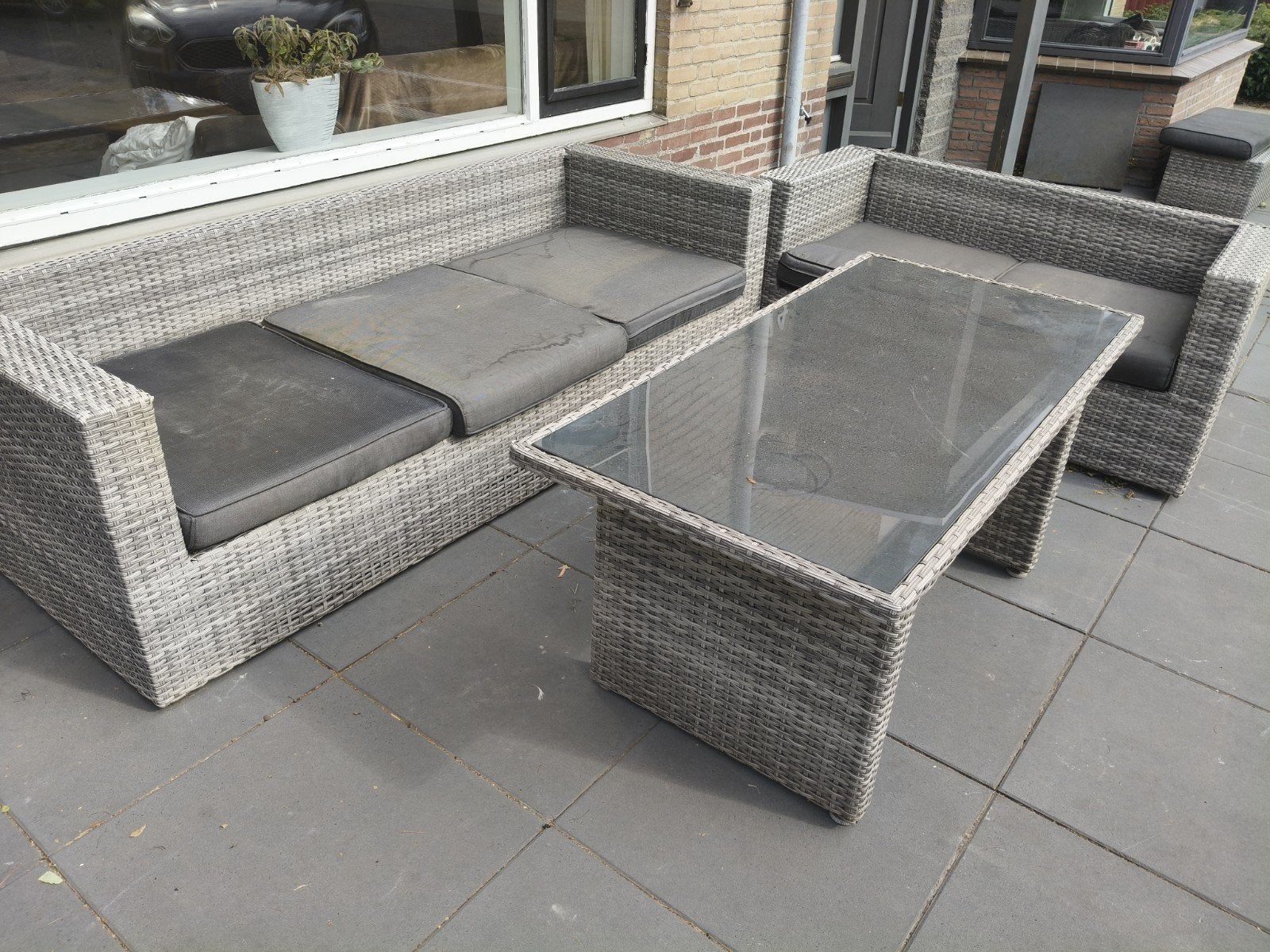 Wicker Loungeset met Tafel - Grijs, Ophalen, 5 zitplaatsen, Gebruikt, Loungeset