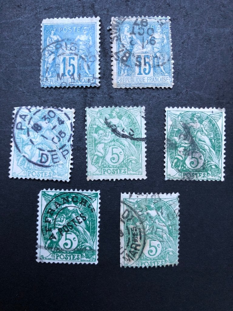 Frankrijk 2x 15 centimes en 5x 5 centimes gestempeld, Ophalen of Verzenden, Gestempeld