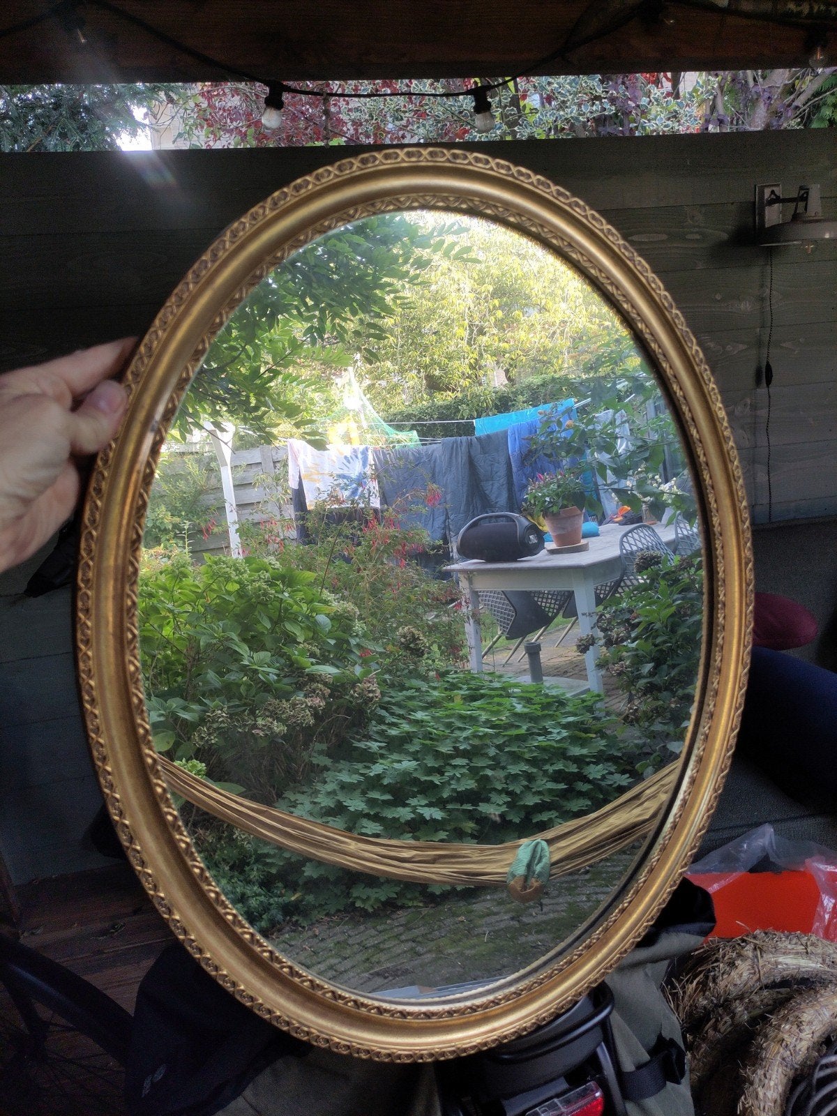 Ovale spiegel met sierlijke gouden lijst, Antiek en Kunst, Ophalen