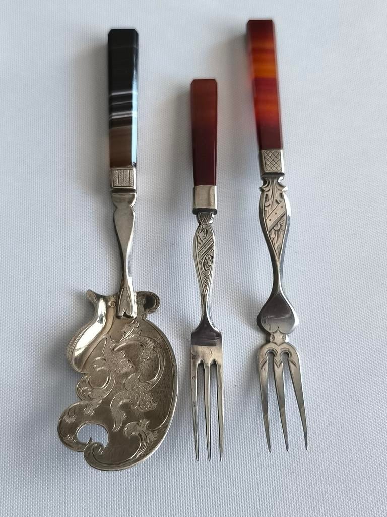 Zilver Antiek met agaat vorken en gemberschep, Antiek en Kunst, Ophalen of Verzenden, Zilver