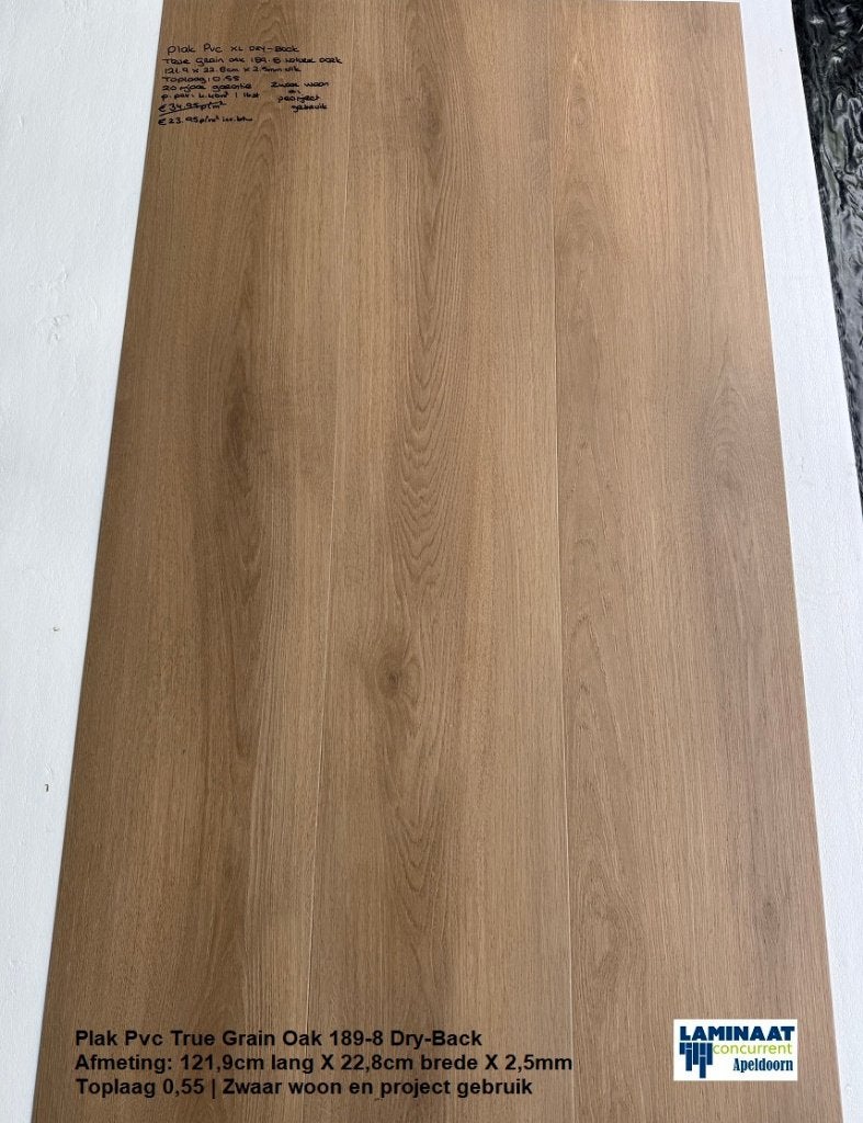 Plak Pvc True Grain Oak 189-8 2,5mm dik Toplaag 0,55, Bruin, 75 m² of meer, Plak Pvc bruin eiken kleur Dry-back, Nieuw
