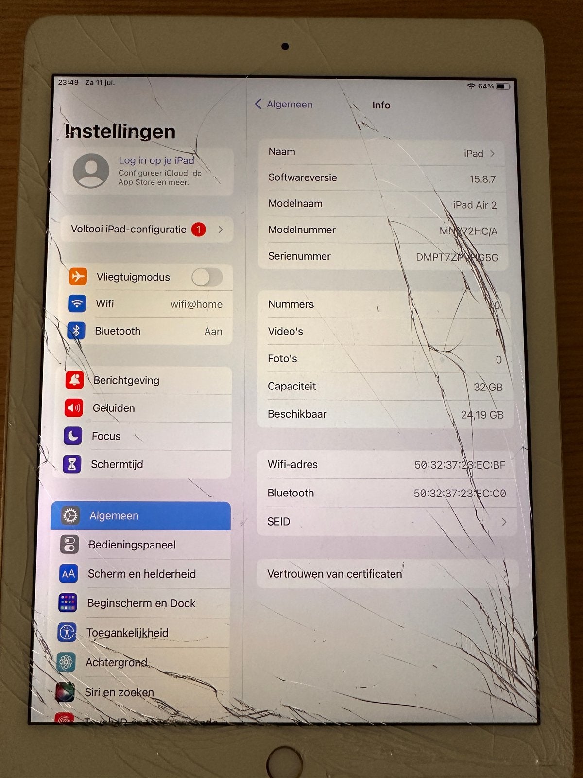 Apple iPad Air 2 met kapot scherm (32 GB, Wi-Fi), 32 GB, Apple iPad Air, Niet werkend, Ophalen