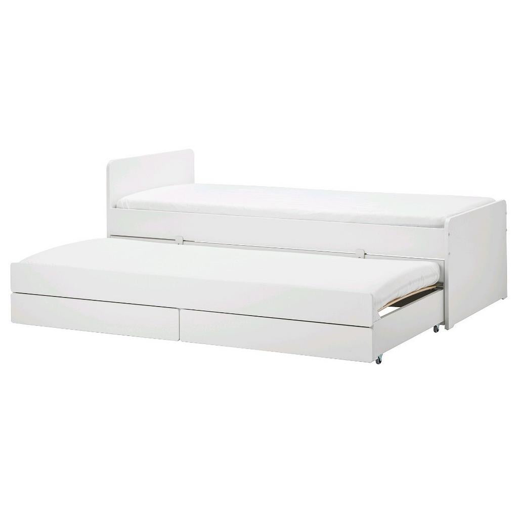 Släkt bedframe met onderbed en opberger 90x200, Ophalen, 90 cm, Eenpersoons, Wit