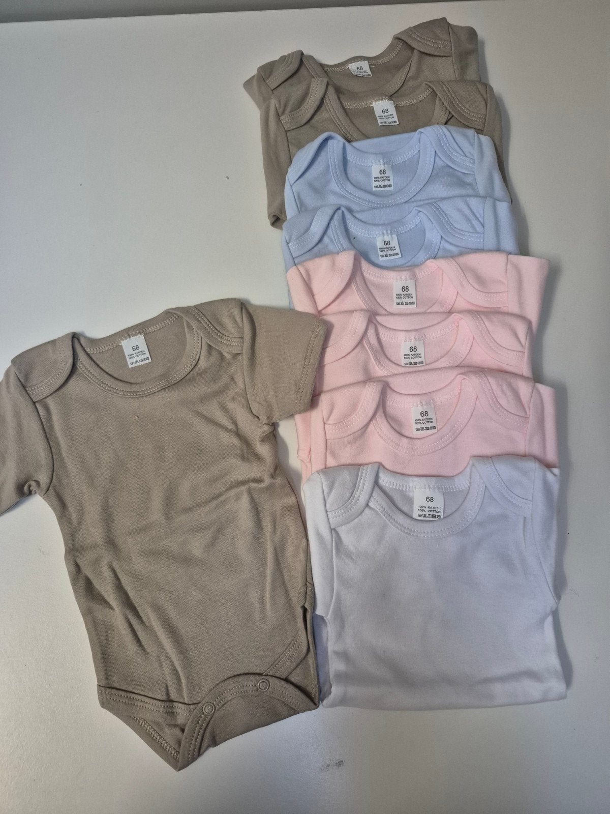 Partij 9 Rompertjes Maat 68 - Zandkleur, Blauw, Roze, Wit, Kinderen en Baby's, Ophalen of Verzenden, Nieuw, Jongetje of Meisje