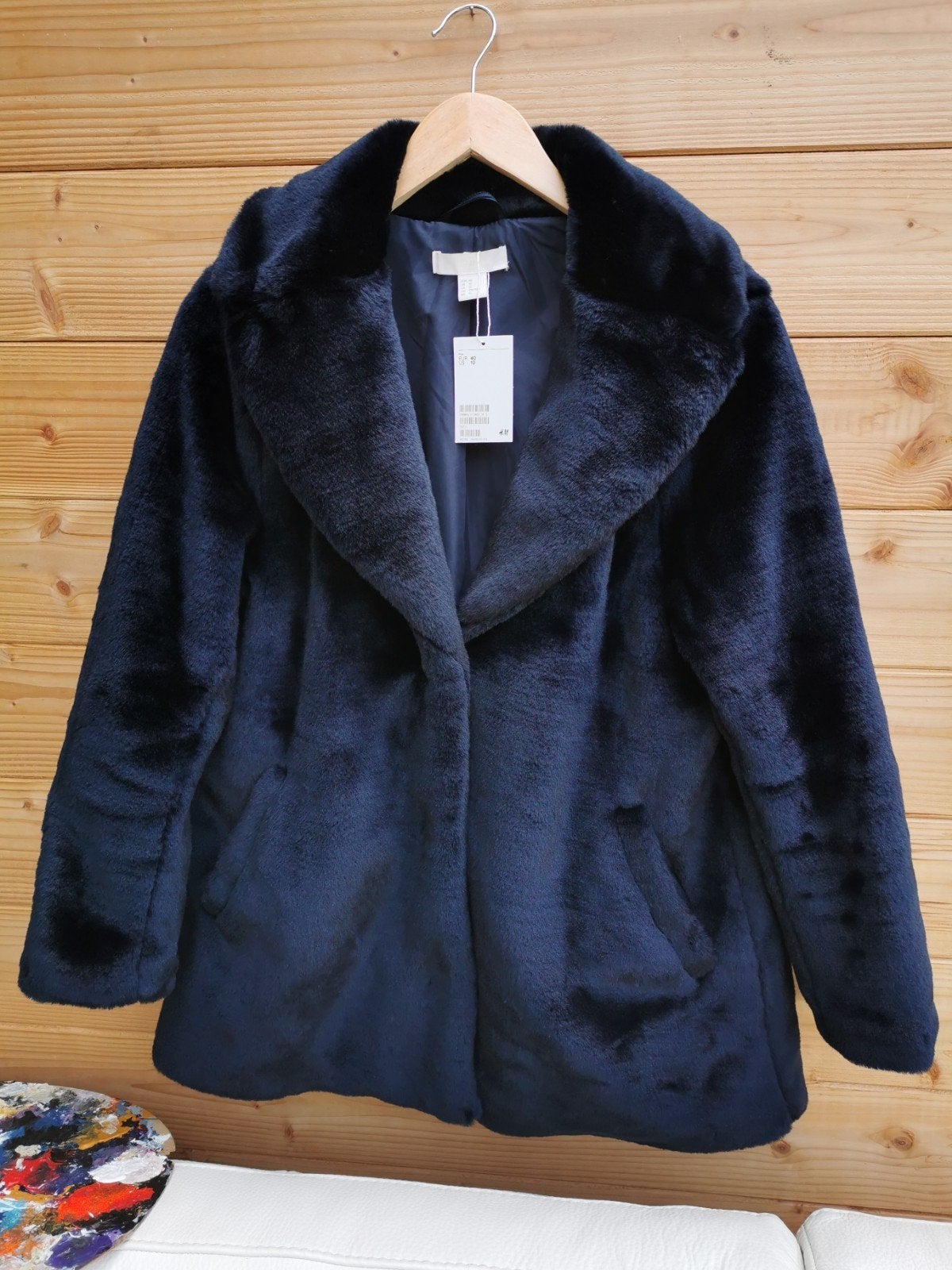 H&M nepbont jas mt. 40, Kleding | Dames, Jassen | Winter, Nieuw, Maat 38/40 (M), Blauw, Verzenden