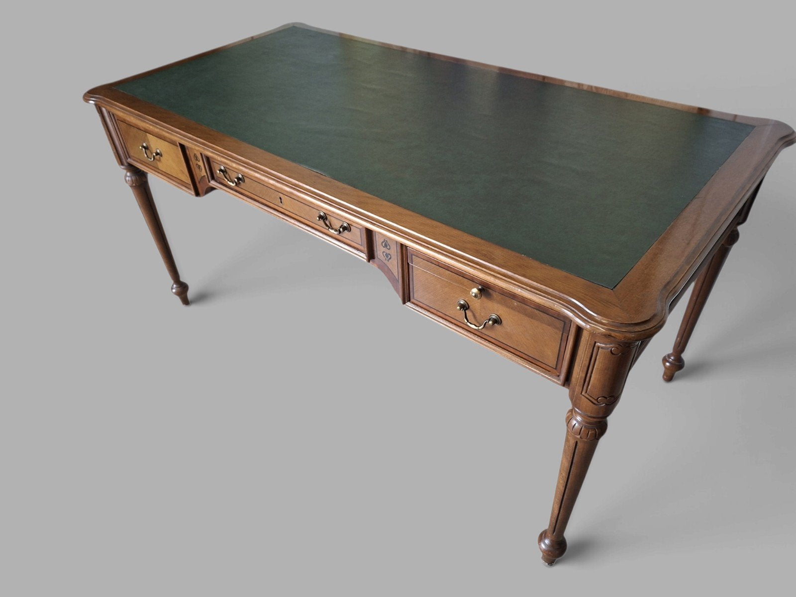 Klassiek Engelse schrijftafel, bureau desk met ingelegd leer, Ophalen of Verzenden