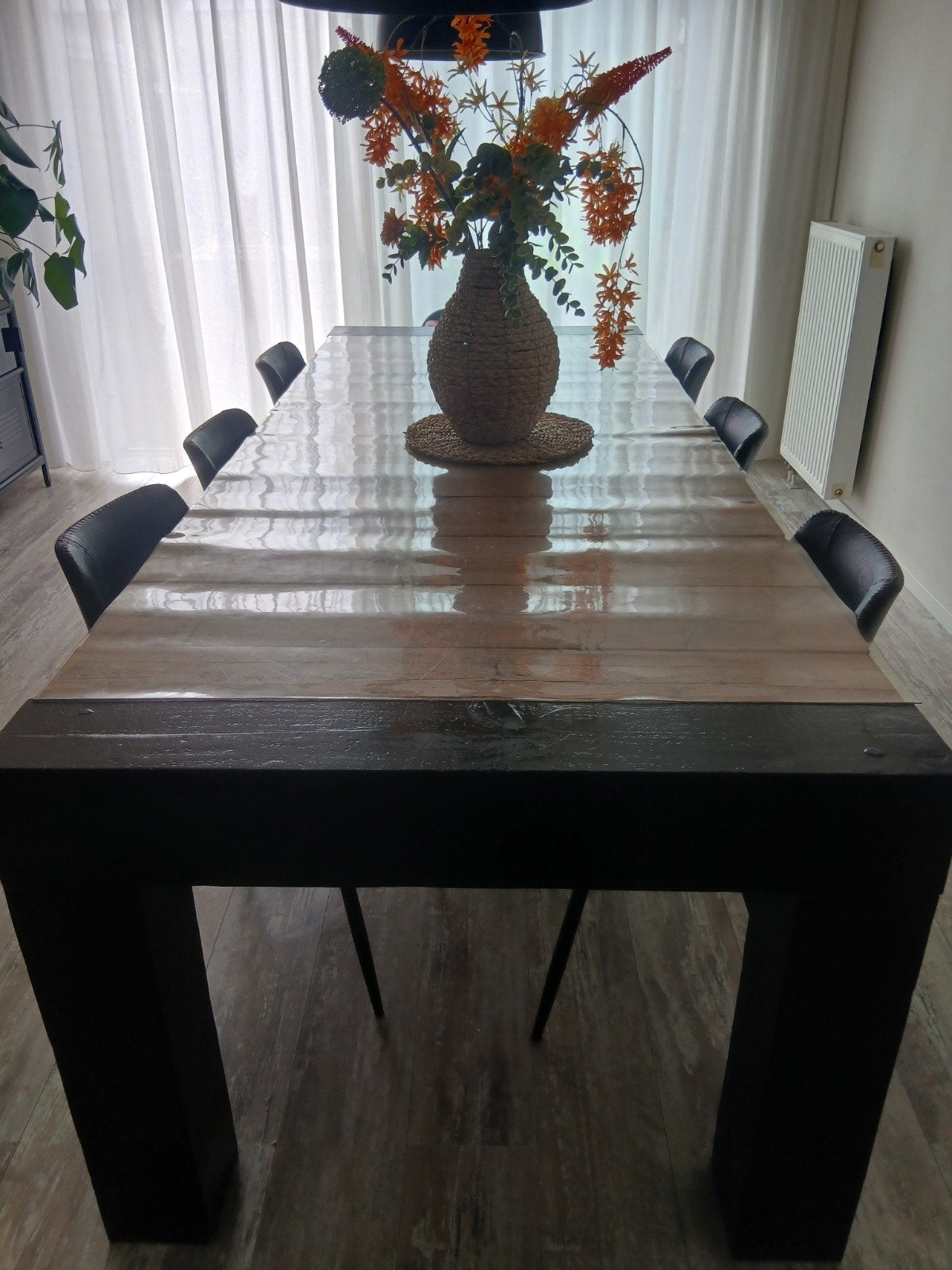 Steigerhouten eettafel met zwarte Douglas poten, Huis en Inrichting, Tafels | Eettafels, Ophalen, 200 cm of meer, 50 tot 100 cm