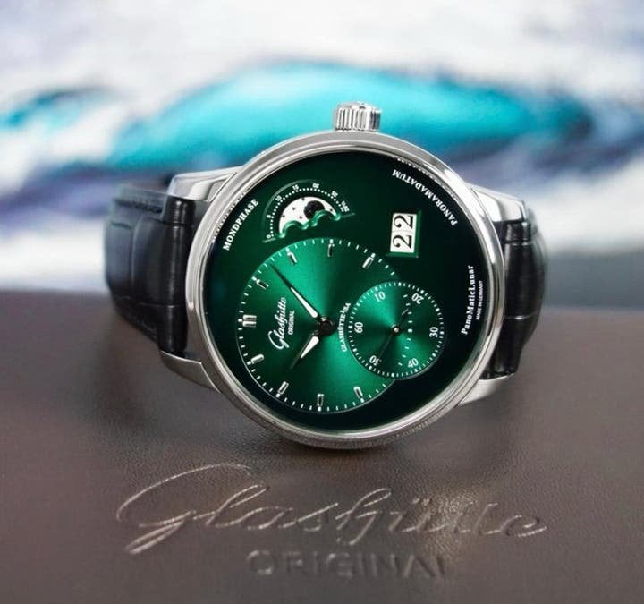Gezocht Glashütte Original PanoMaticLunar nieuw of zgan, Sieraden, Tassen en Uiterlijk, Leer, Polshorloge, Zo goed als nieuw, Goud