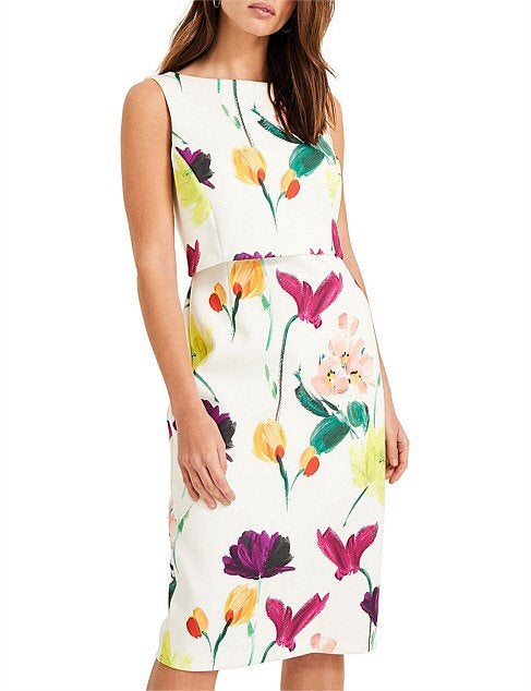 Phase Eight elegante slanke jurk wit met bloemenprint 46, Maat 46/48 (XL) of groter, Nieuw, Onder de knie, Meerkleurig