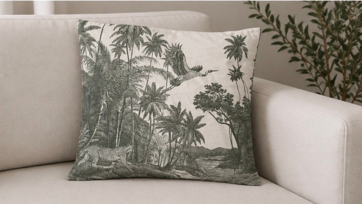 Sierkussen met jungle print – groen/grijs - 50x50 cm, Huis en Inrichting, Woonaccessoires | Kussens, Wasbaar, Overige merken, Vierkant