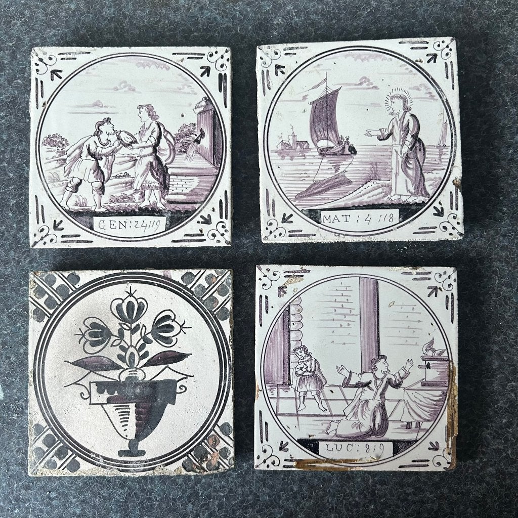 4 Oude antieke tegels - handgeschilderde taferelen - vintage, Antiek en Kunst, Antiek | Wandborden en Tegels, Ophalen