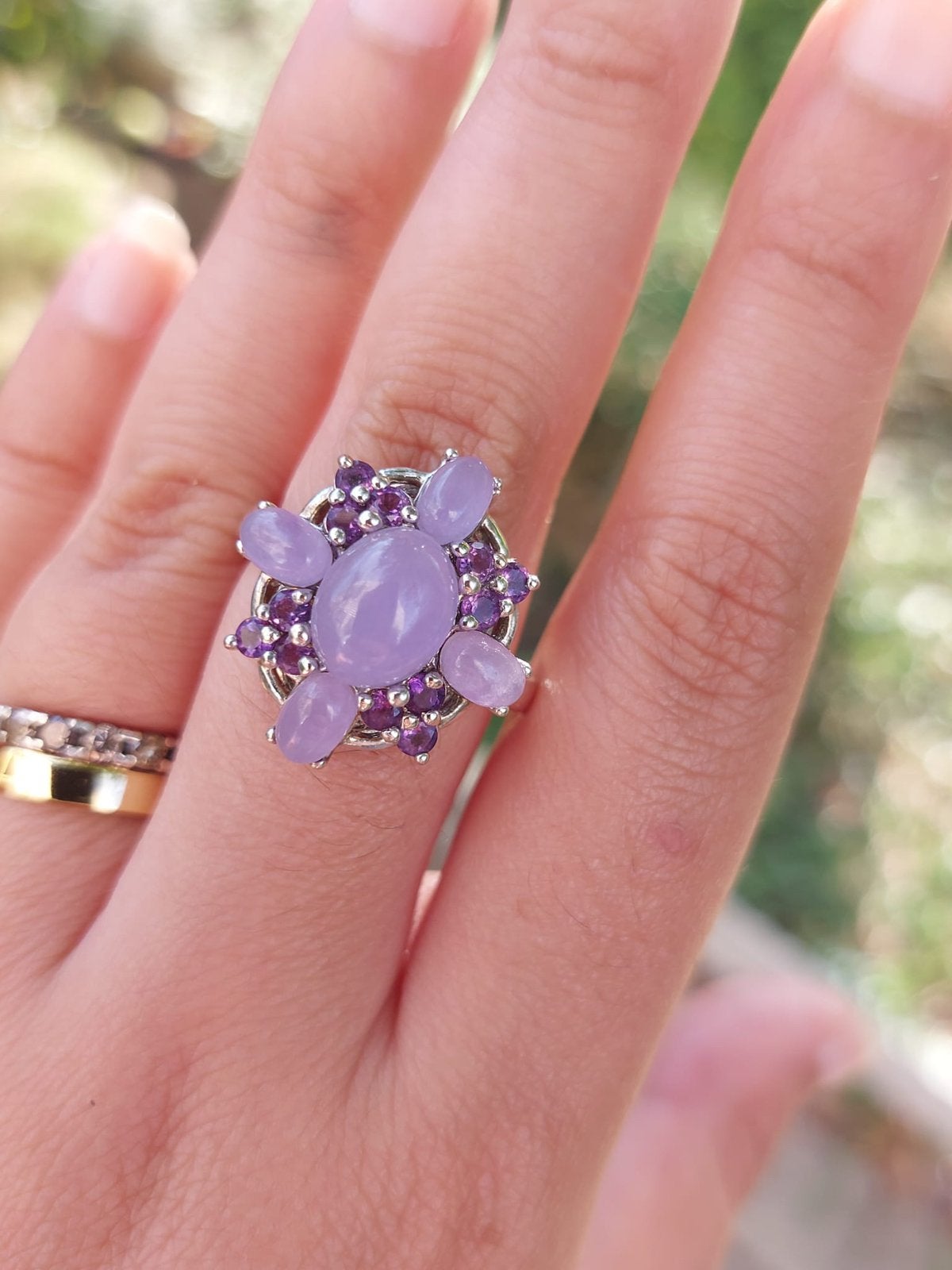 Zilveren ring met paarse Jade en Amethist, Paars, Ophalen of Verzenden, Dame, Zilver