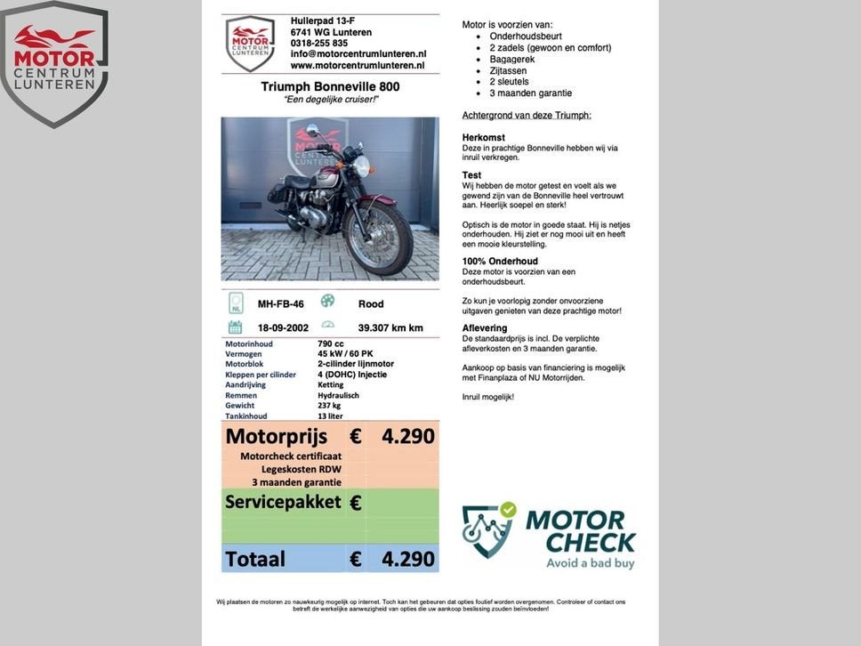 TRIUMPH BONNEVILLE 800 (bj 2002), 2 cilinders, 790 cc, Bedrijf, Onbekend