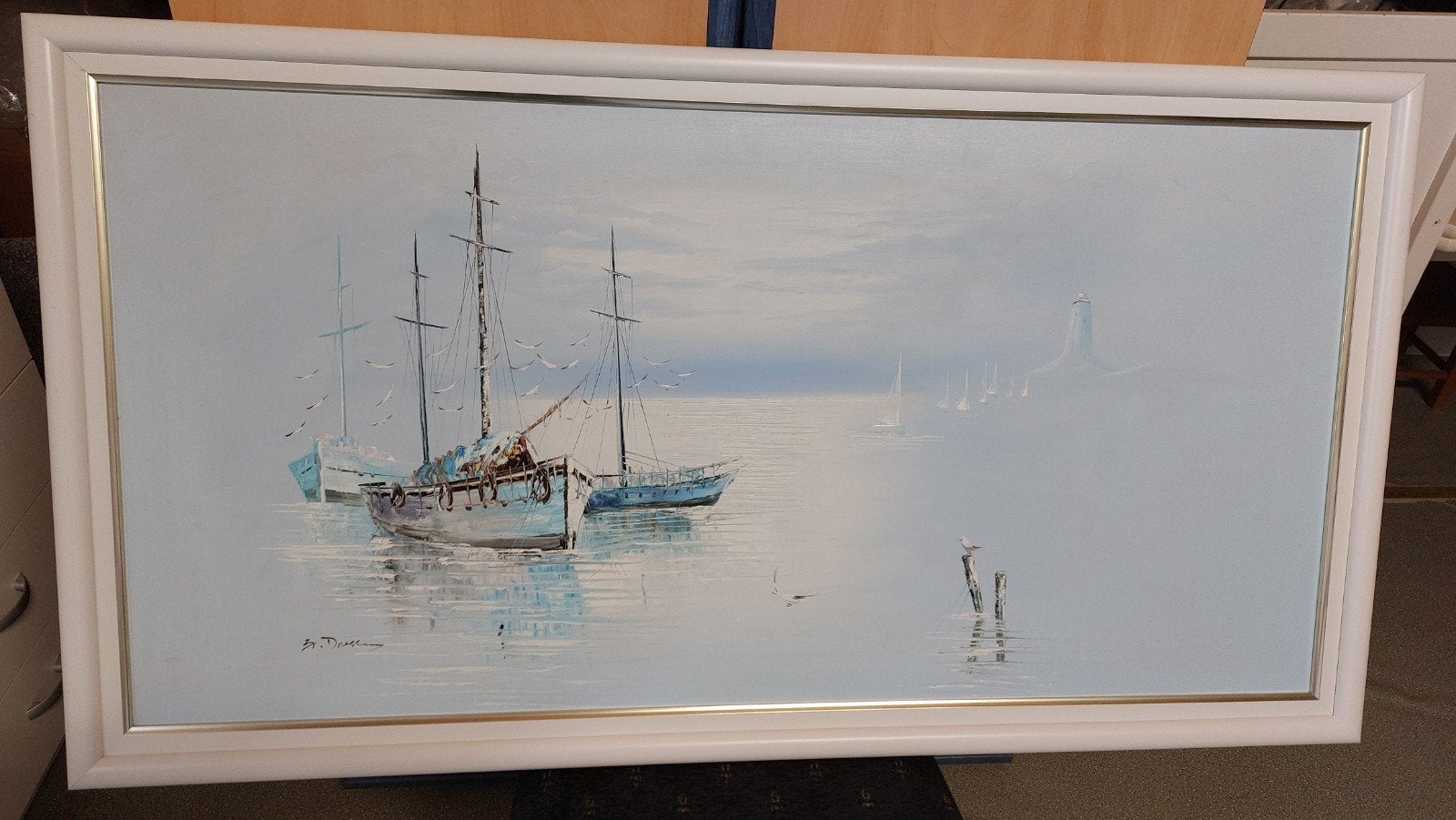 Schilderij: Maritiem tafereel met boten en vogels, Ophalen, Maritiem / water, Doek, Realistisch