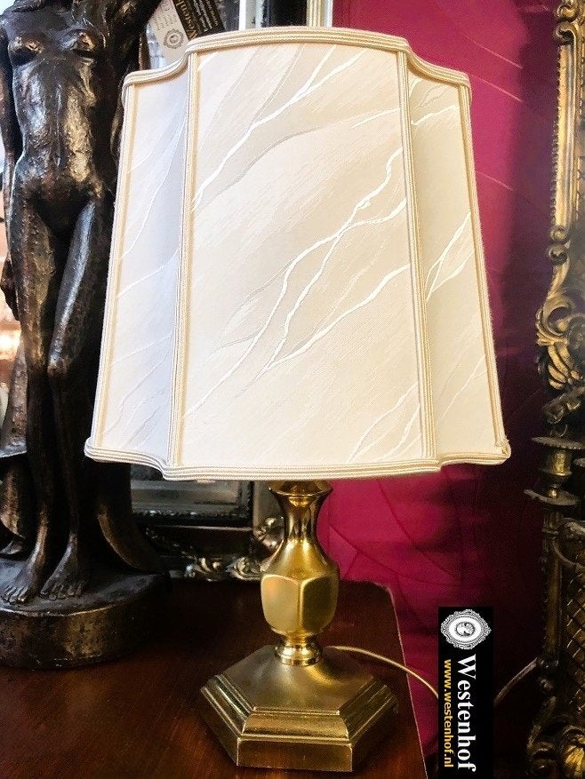 Brocante tafellamp messing goud met klassiek lampenkap crème, Verzenden