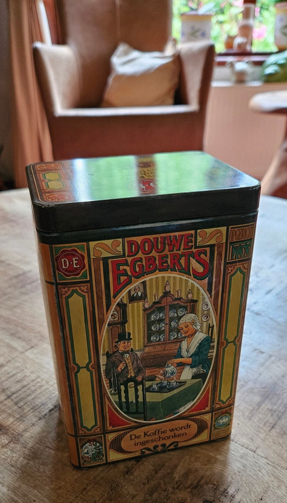 Douwe Egberts koffieblik 'De koffie wordt gezet' top vintage, Verzamelen, Blikken, Ophalen of Verzenden, Gebruikt, Koffie, Douwe Egberts