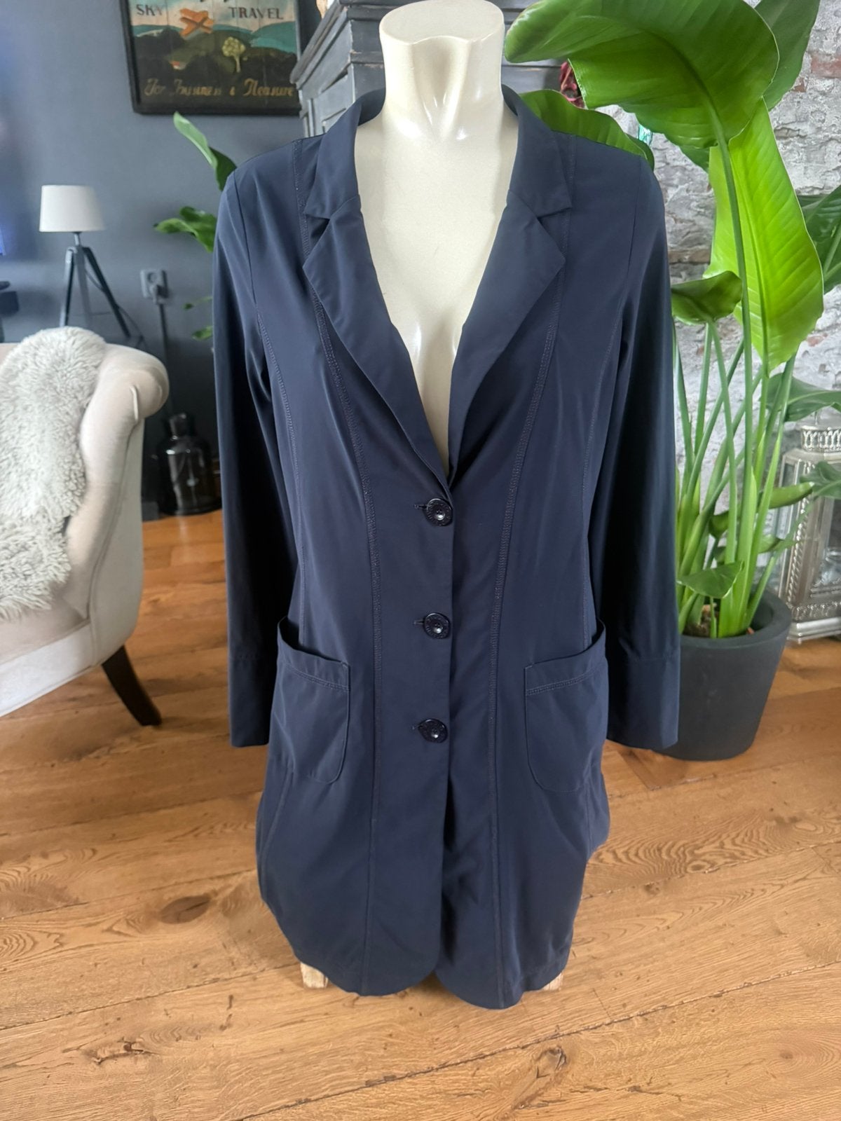 Studio anneloes travelstof lange blazer blauw maat L, Ophalen, Zo goed als nieuw, Maat 38/40 (M), Blauw