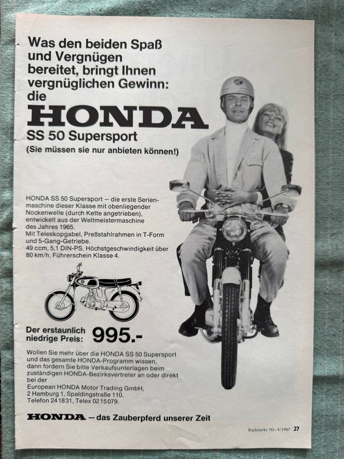 Advertentie 1967 Honda SS50, Verzamelen, Verzenden, Zo goed als nieuw, Motoren