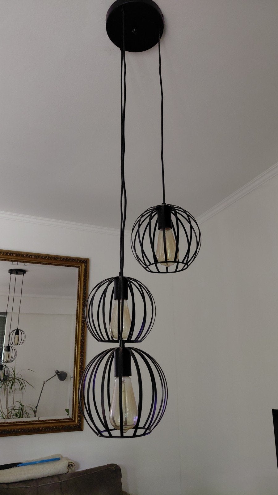 Zwarte hanglamp met 3 kappen - industrieel design, Ophalen, Gebruikt, E27 (groot), Metaal
