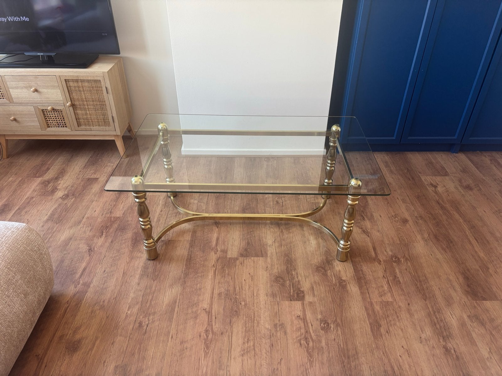 Glazen salontafel met gouden onderstel, Gebruikt, 100 tot 150 cm, Glas, Rechthoekig