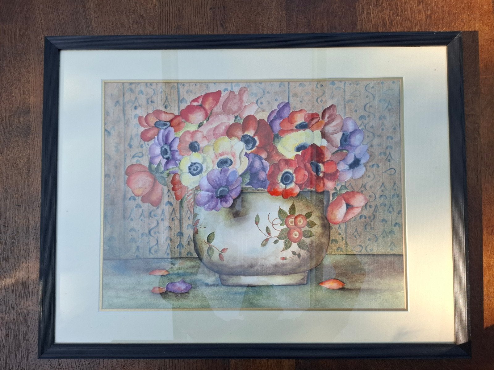 Schilderij met kleurrijke bloemen en vaas, Antiek en Kunst, Kunst | Schilderijen | Klassiek, Achter glas, Realistisch, Aquarel