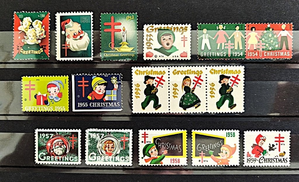 USA : TBC kerst/sluitzegels 1950-1959 zonder gom, Verzenden, Overige thema's