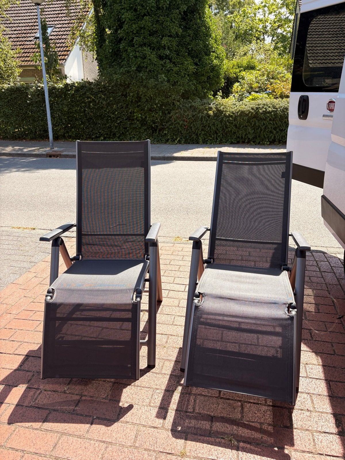 2x Verstelbare tuinstoelen met kussens, Ophalen, Gebruikt, Textileen, Verstelbaar