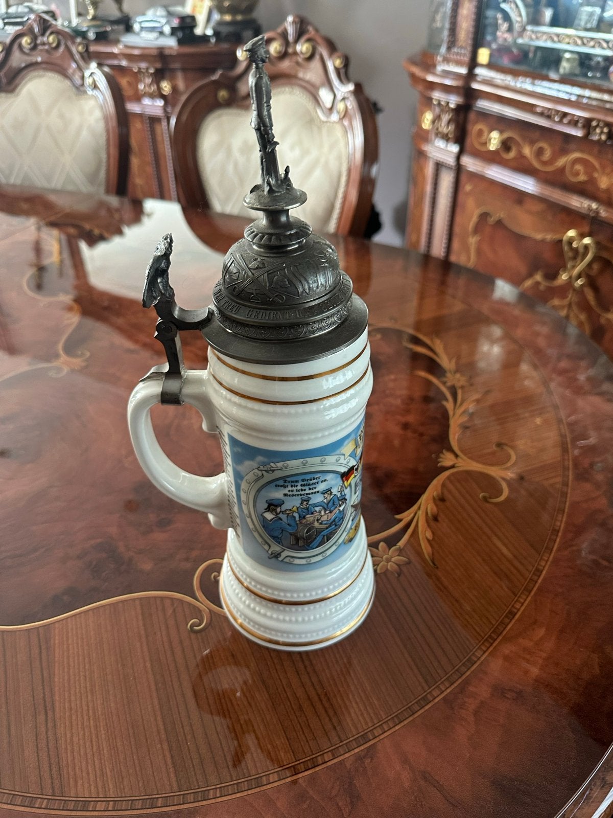 Vintage Duitse Bierpul met Tinnen Deksel en Soldaat, Ophalen of Verzenden, Duitsland, Hulzen of Bodemvondsten