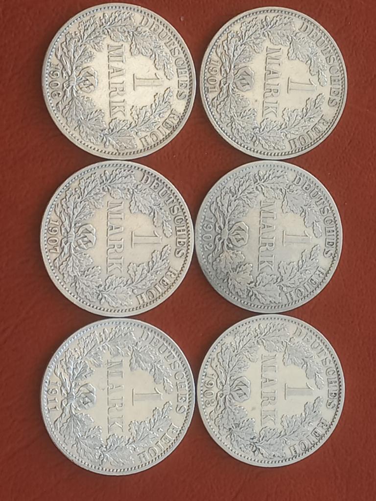 Dld 1 mark 1901,2,3,6,7 en 11 type A zilver, Ophalen of Verzenden, Duitsland, Zilver