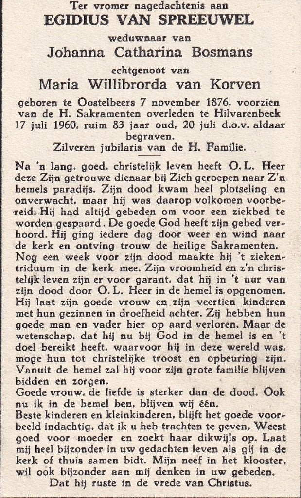 Spreeuwel Egidius 1876 Oostelbeers 1960 Hilvarenbeek, Ophalen of Verzenden, Bidprentje