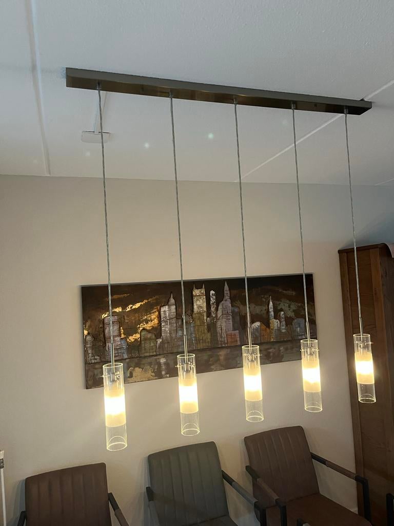 Design hanglamp RVS met 5 glazen kappen, in hoogte verstelba, Huis en Inrichting, Lampen | Hanglampen, Ophalen, Tijdloos, 75 cm of meer