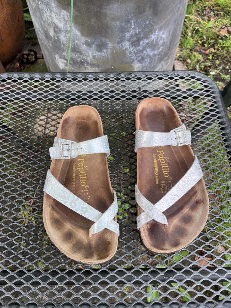 Papillio Birkenstock sandalen - zilver - maat 38, Overige kleuren, Gedragen, Sandalen of Muiltjes, Ophalen of Verzenden