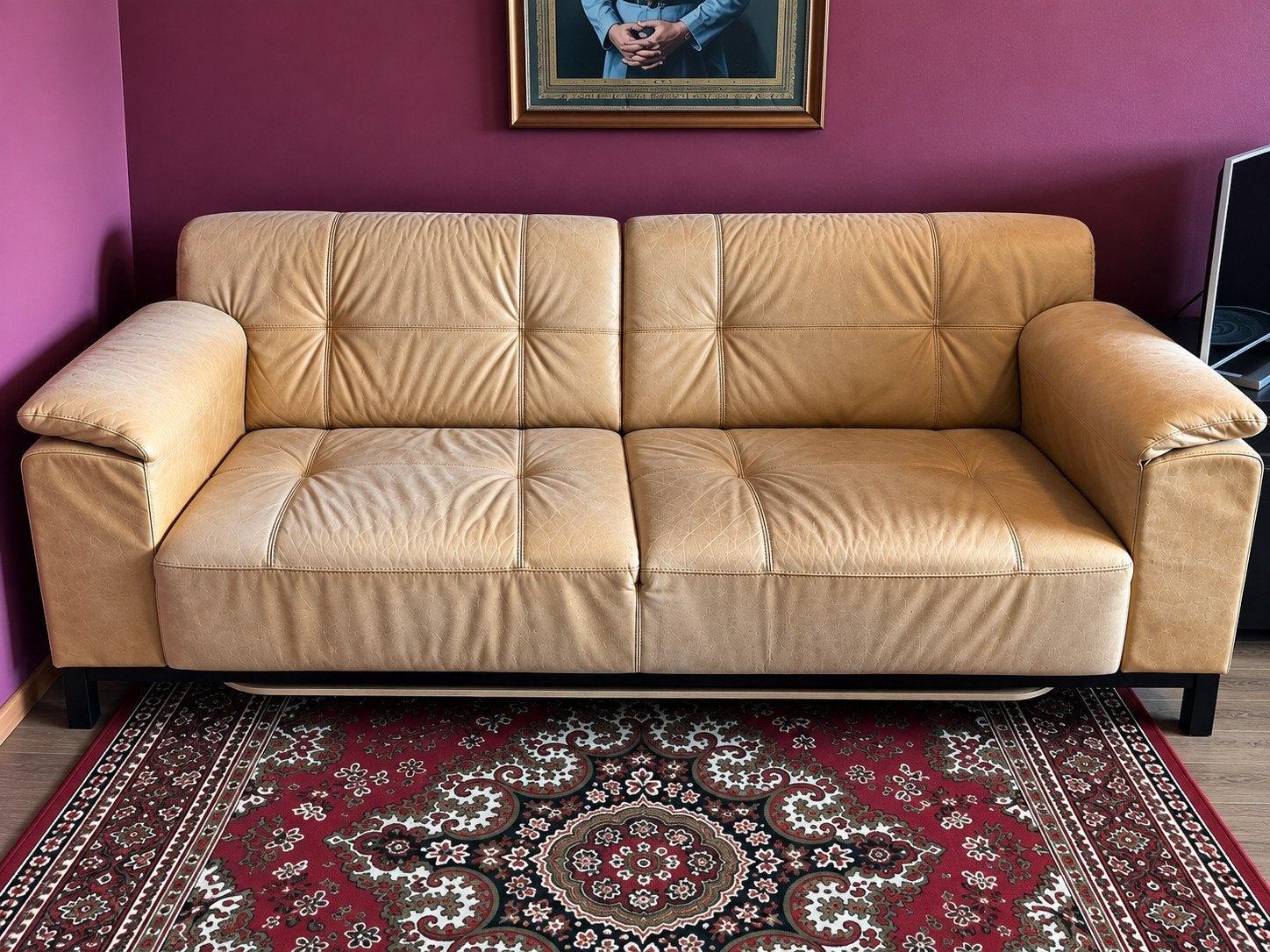 Lederen 3-zitsbank – cognac/beige – 230 cm, Huis en Inrichting, Ophalen, Gebruikt, Modern retro, Driepersoons