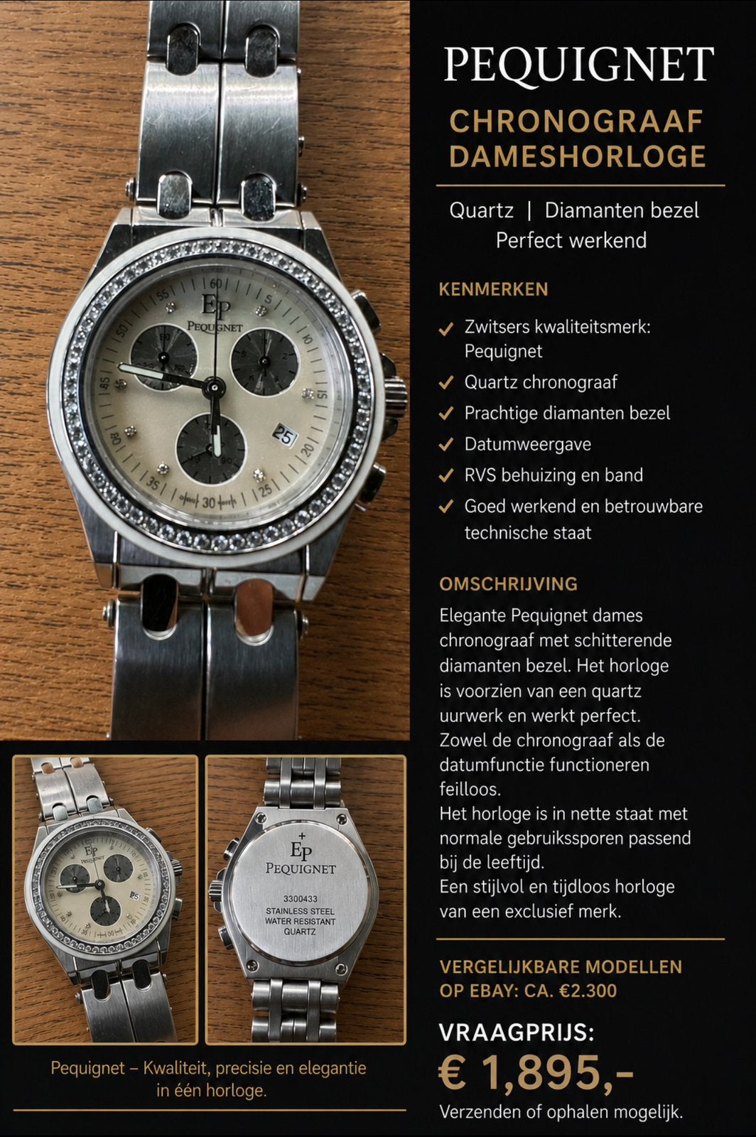 Pequignet Chronograaf Quartz met Diamanten Bezel –, Ophalen of Verzenden