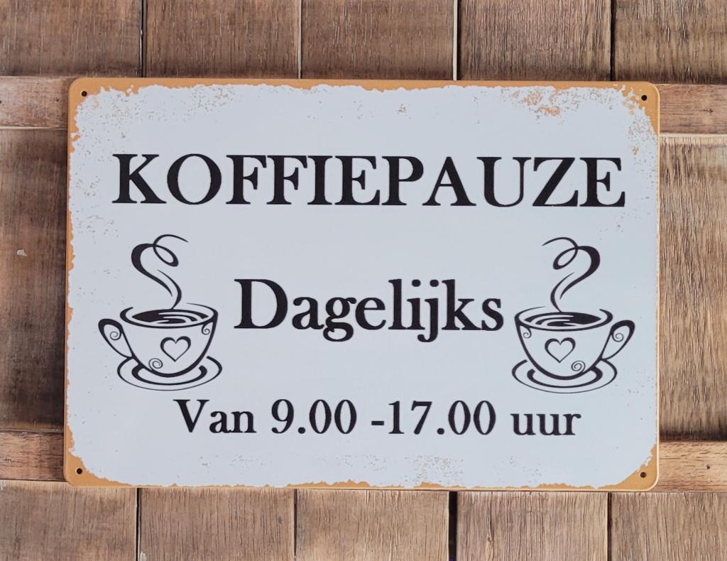 Koffie pauze dagelijks van 9 tot 5 reclamebord van metaal, Info@deconoord.nl, Deco Noord, Nieuw, Ophalen of Verzenden