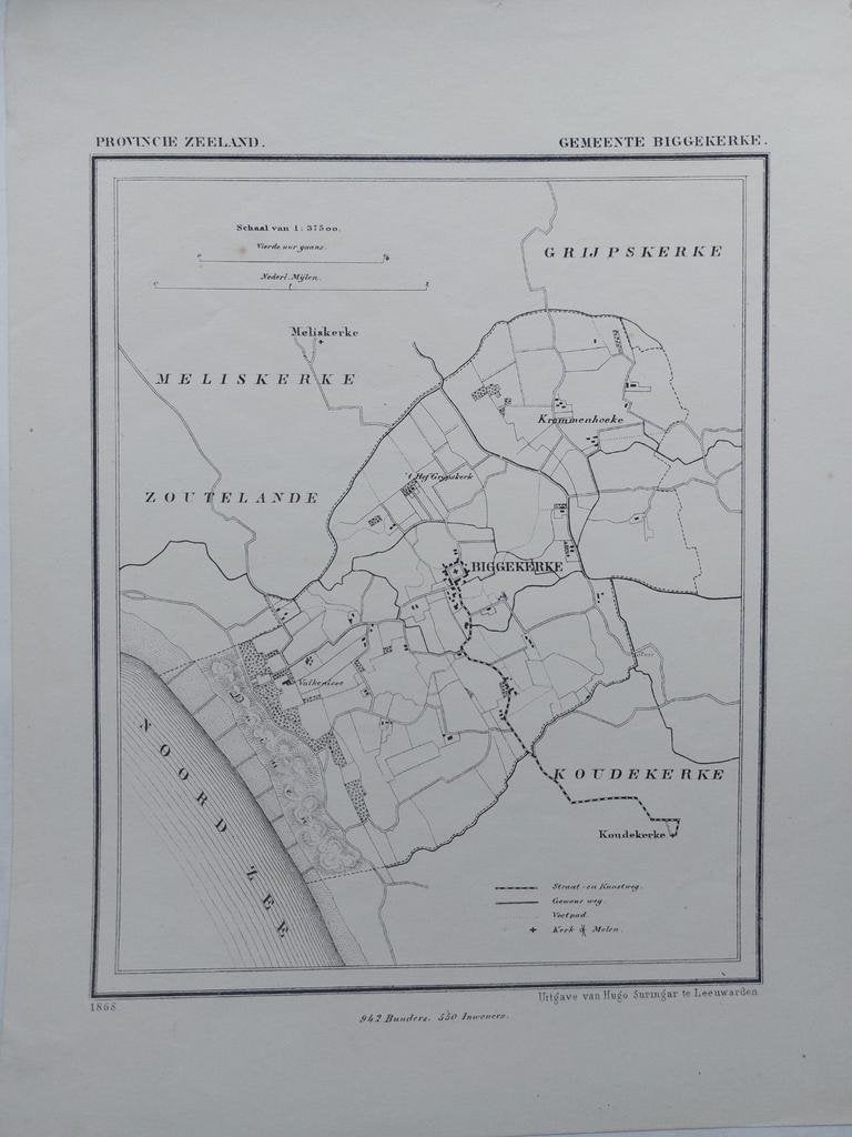 5 / Biggekerke Krommenhoeke Zoutelande Litho 1866 J. Kuyper, Ophalen of Verzenden