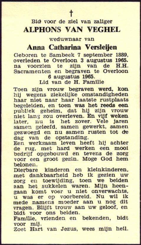 Veghel van Alphons Sambeek 1889-1965 Overloon, Verzamelen, Bidprentjes en Rouwkaarten, Ophalen of Verzenden