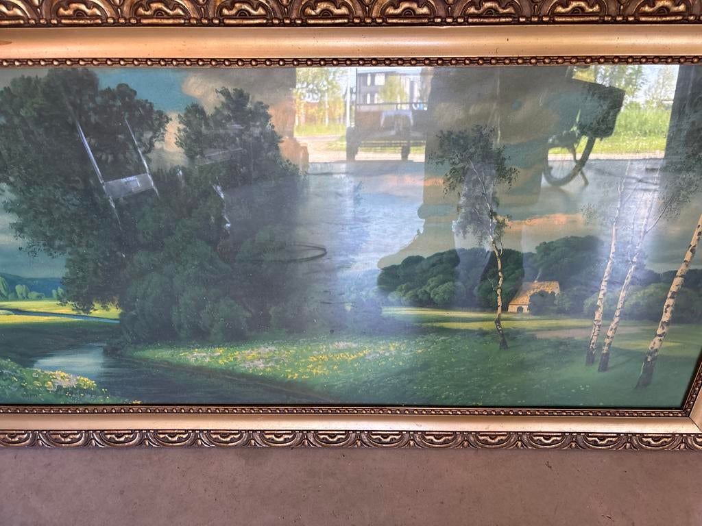 Schilderij met landschap en gouden lijst, Antiek en Kunst, Kunst | Schilderijen | Klassiek, Ophalen of Verzenden