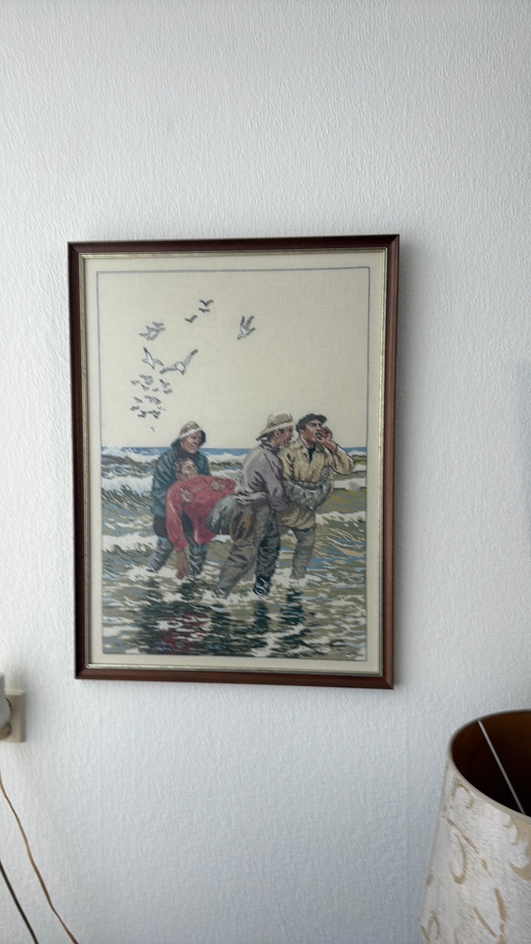 Zee-zicht, vissers, geborduurd en ingelijst., Antiek en Kunst, Kunst | Tekeningen en Foto's, Ophalen