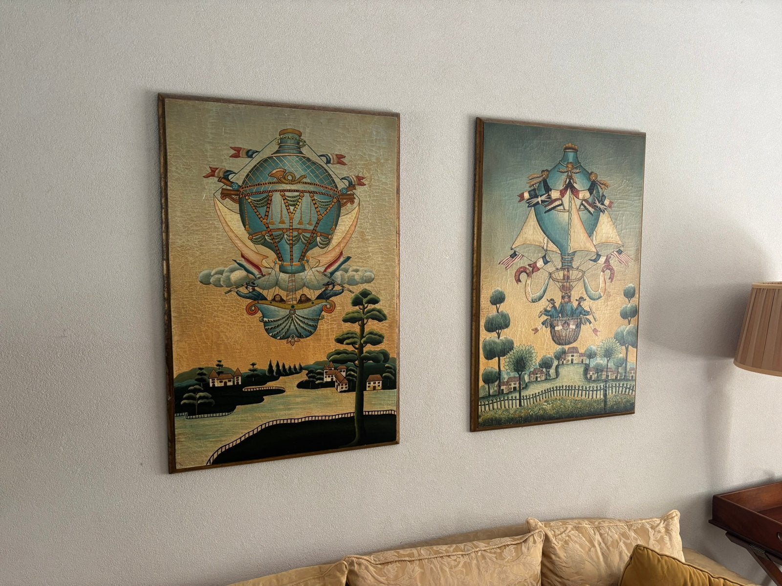 Set van 2 Vintage Luchtballon Decorpanelen, Antiek en Kunst, Kunst | Schilderijen | Klassiek, Ophalen, Paneel, Olieverf, Overige onderwerpen