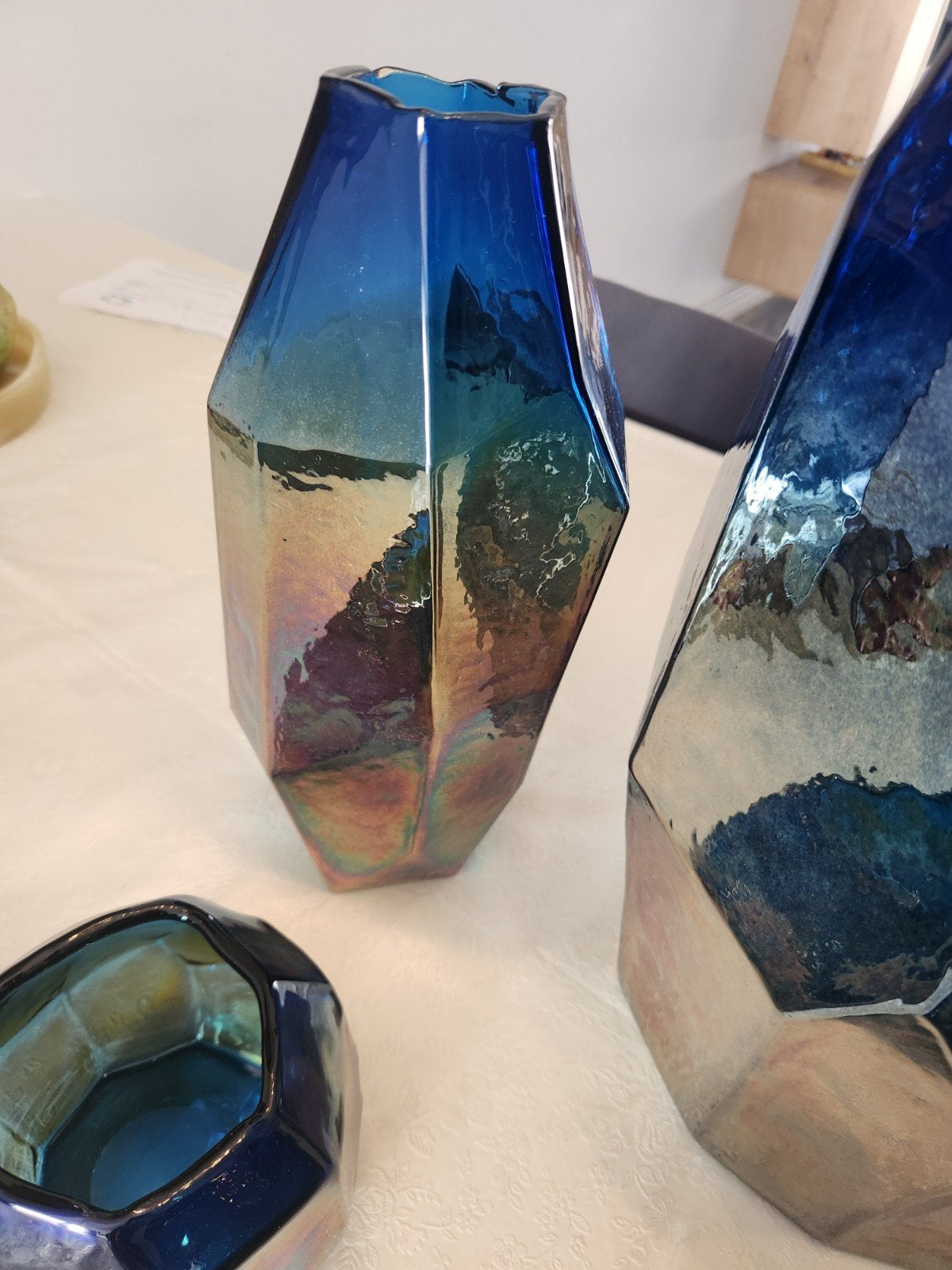 Set van 4 pols potten iriserende blauwe vazen en theelichtho, Ophalen, Zo goed als nieuw, Glas