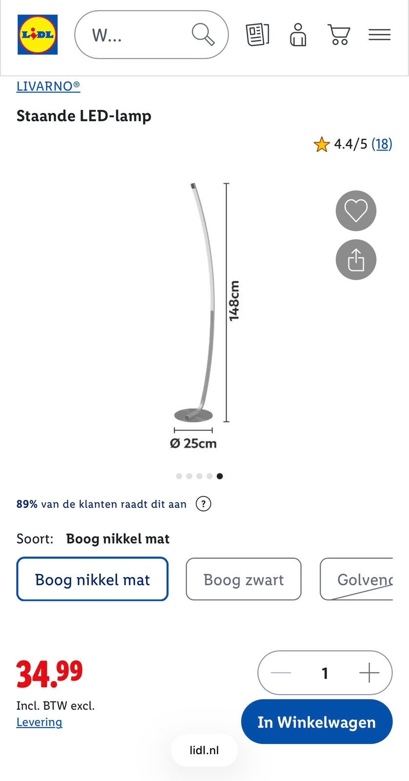 Lidl Livarno LED lamp standing boog nikkel mat, Ophalen of Verzenden, Nieuw