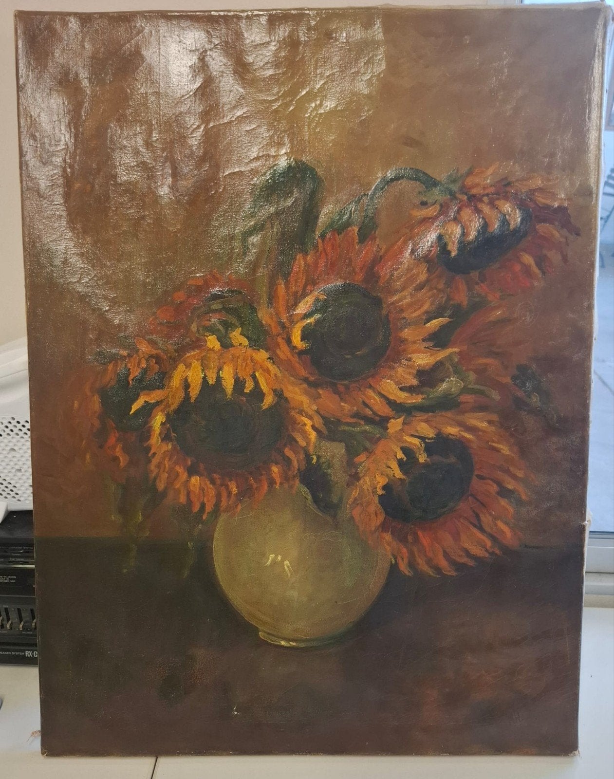 Schilderij Zonnebloemen in Vaas - Olieverf op Doek, Ophalen