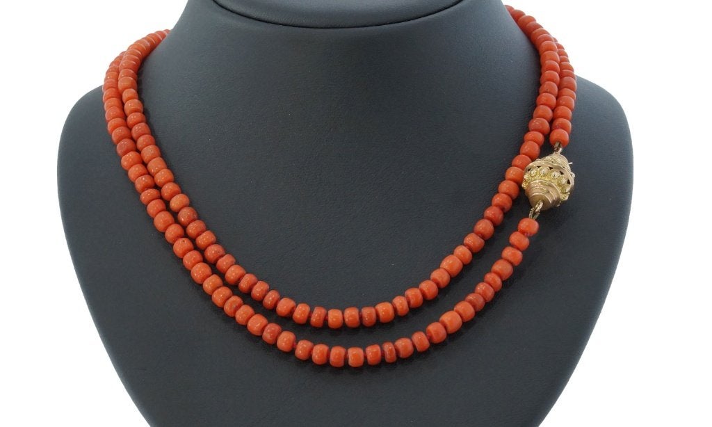 Bloedkoraal ketting antiek zeer fraai 14k slot goud dame, Ophalen of Verzenden, Goud, Ketting, Met edelsteen