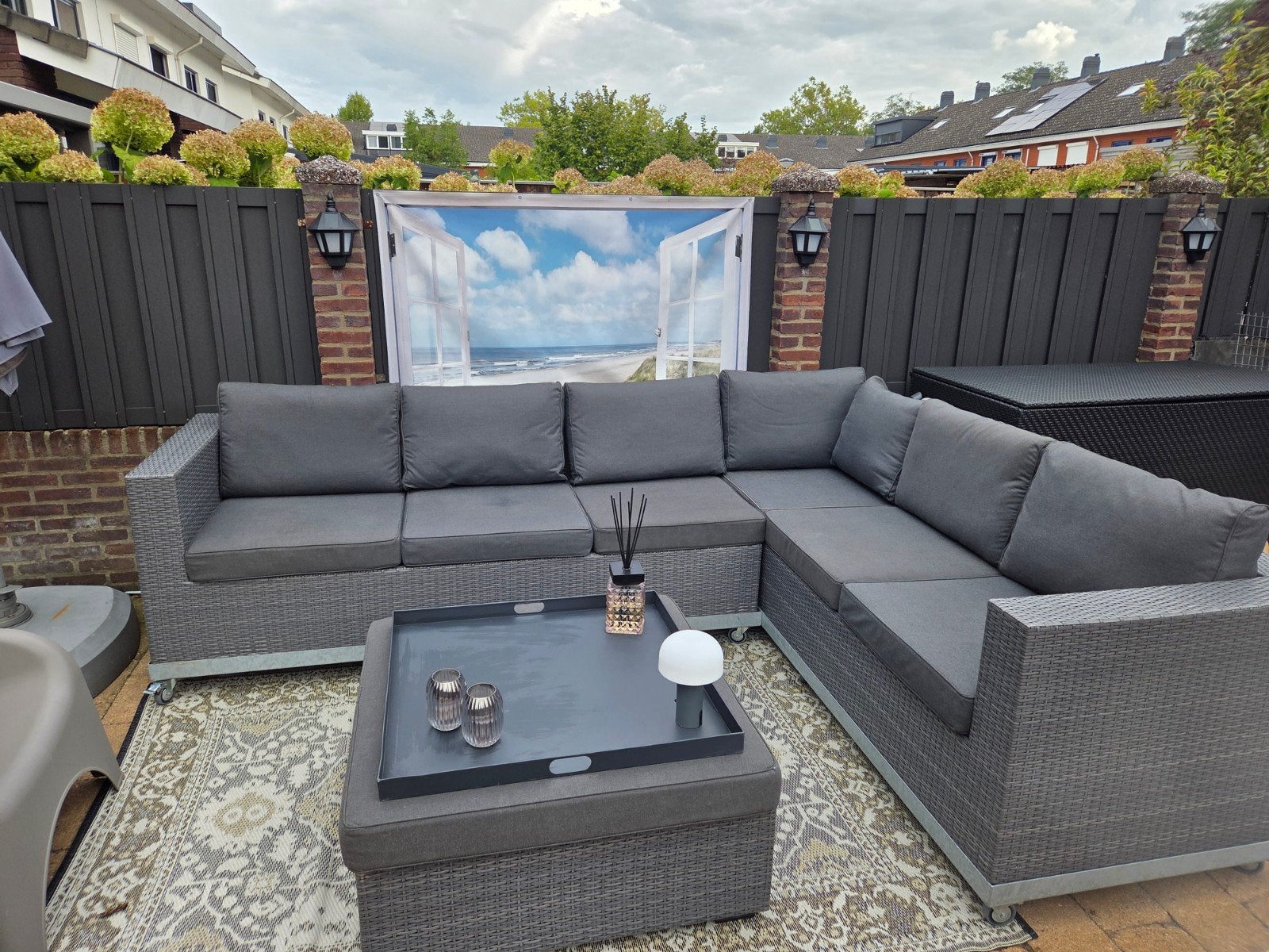 Grote grijze hoek loungeset + kussenbox – op wieltjes, Tuin en Terras, Ophalen, Gebruikt, Bank