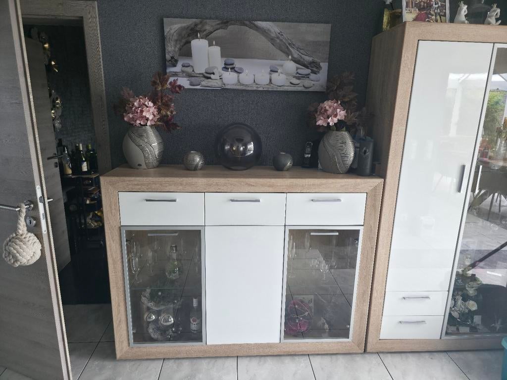 Dressoir en Vitrinekast Sonoma Eiken met Hoogglans Deuren, Ophalen, Glas, 150 tot 200 cm, Modern